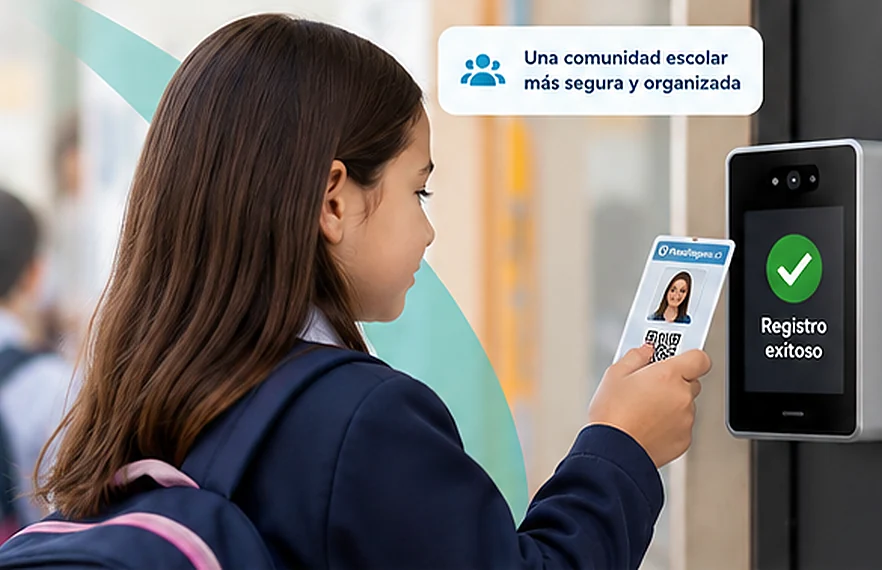 Ilustración creada con IA: estudiante presenta una credencial QR en el control de acceso escolar.